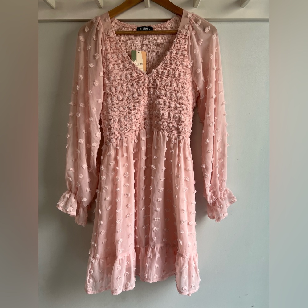Blush Pink Textured Long Sleeve Dress